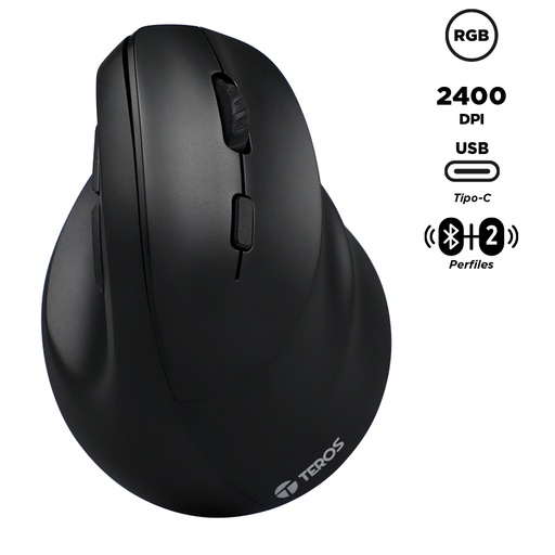 Mouse Teros TE-5169N, Inalámbrico Doble Modo: 2.4G+Bluetooth, 2400 DPI, Vertical, Negro
